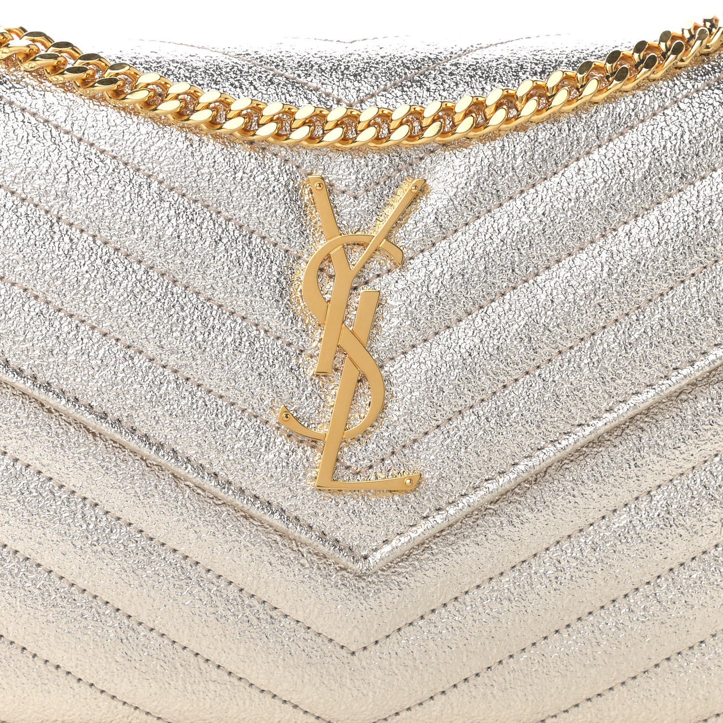 Metallic Grain De Poudre Matelasse Chevron Monogram Chain Wallet Gold