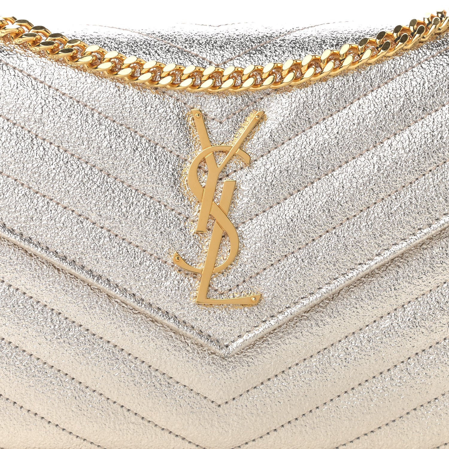 Saint Laurent Metallic Grain De Poudre Matelasse Chevron Monogram Chain Wallet Gold 8 of 15
