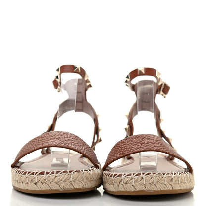Valentino Garavani Grained Calfskin Rockstud Ankle Strap Espadrille Flat Sandals 39 Cuoio 2 of 6