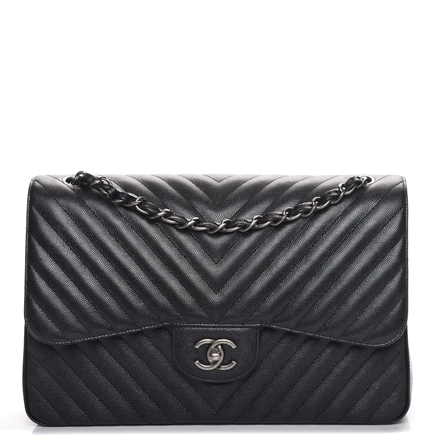 Metallic Caviar Chevron Quilted Jumbo Double Flap Black