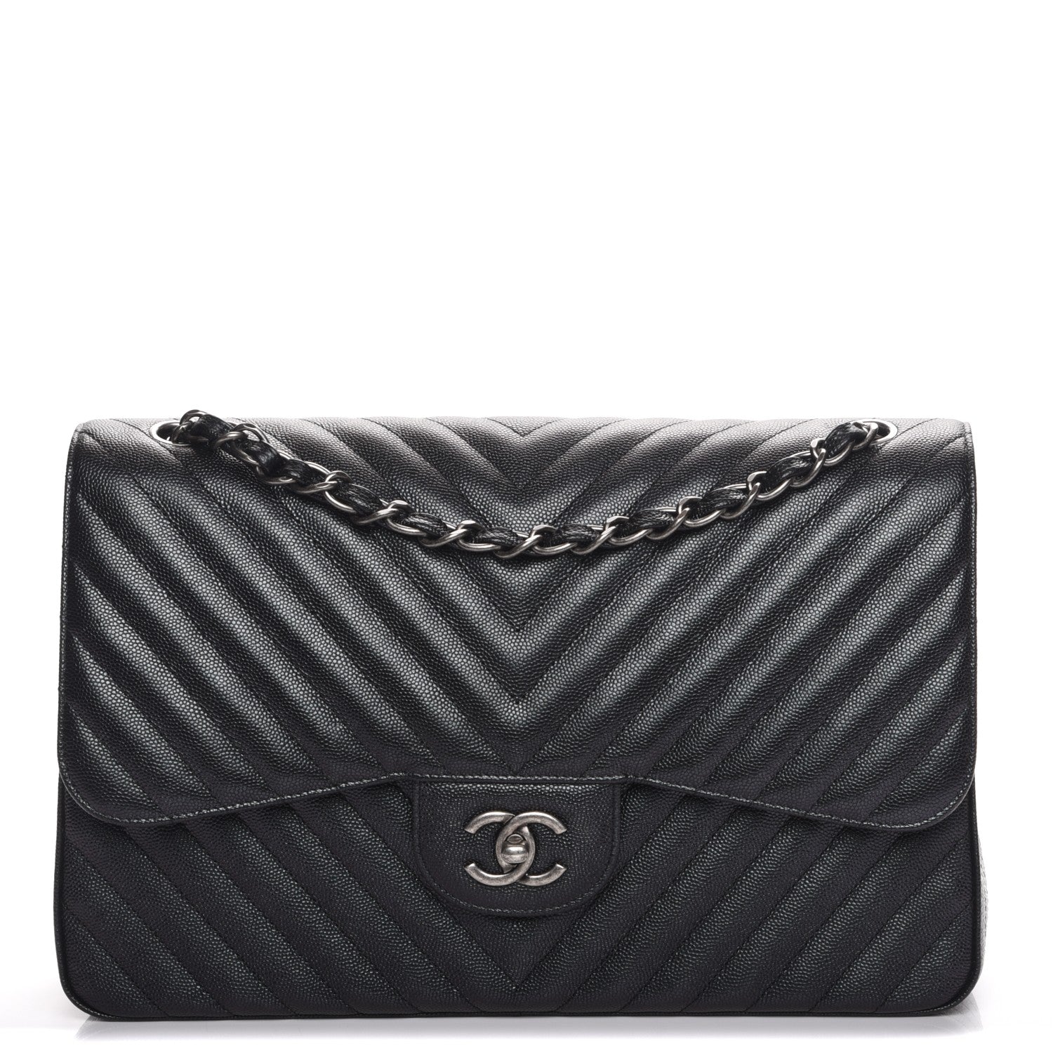 Chanel Metallic Caviar Chevron Quilted Jumbo Double Flap Black 1 of 9