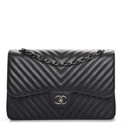 Chanel Metallic Caviar Chevron Quilted Jumbo Double Flap Black 1 of 9