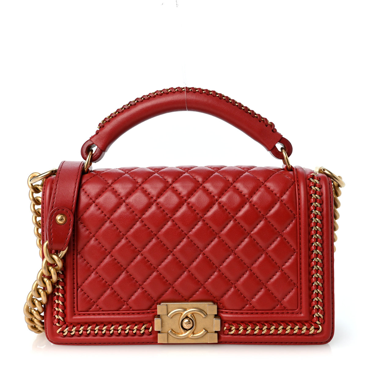 Lambskin Quilted Medium Top Handle Boy Flap Red