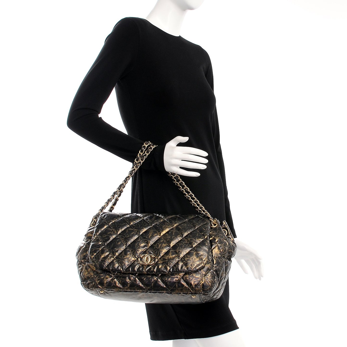 Nylon Printed Quilted Accordion Flap Black Gold