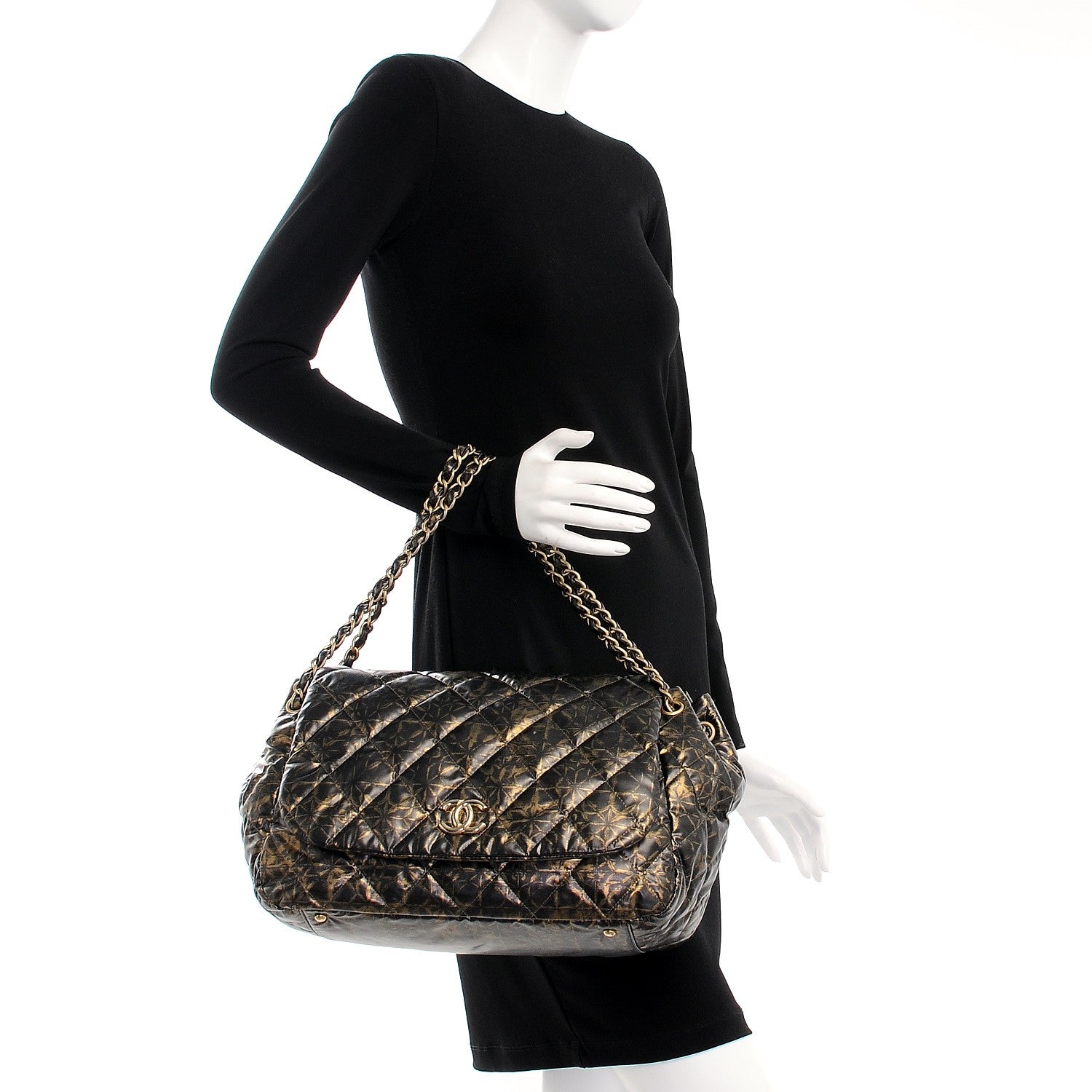 Chanel Nylon Printed Quilted Accordion Flap Black Gold 2 of 11