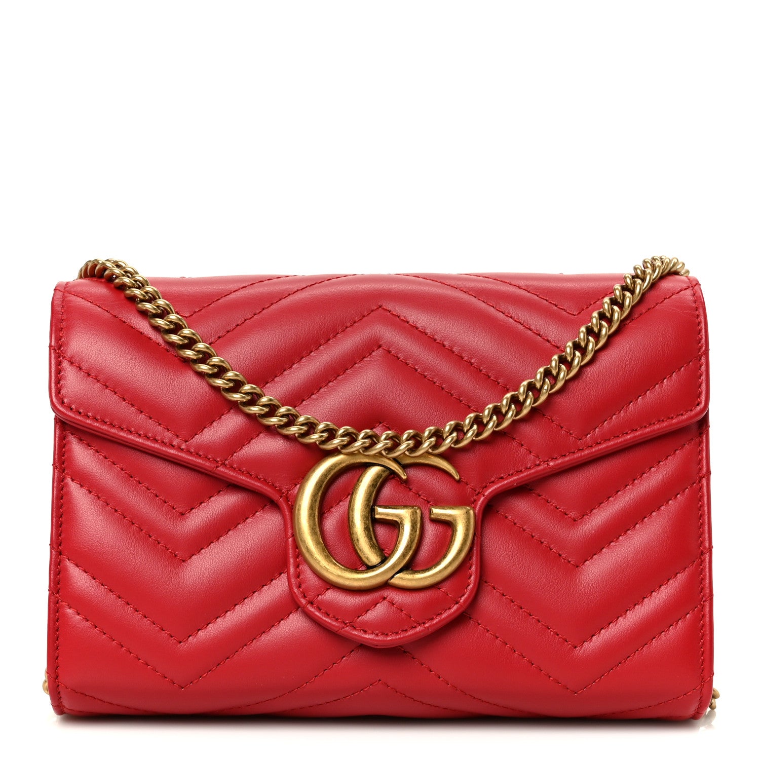 Gucci Calfskin Matelasse GG Marmont Chain Wallet Cuir Hibiscus Red 1 of 11