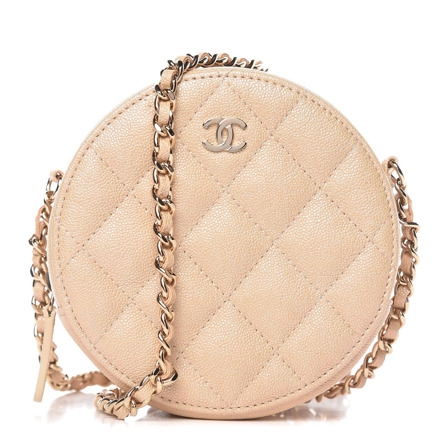 Iridescent Caviar Quilted Round Clutch With Chain Beige