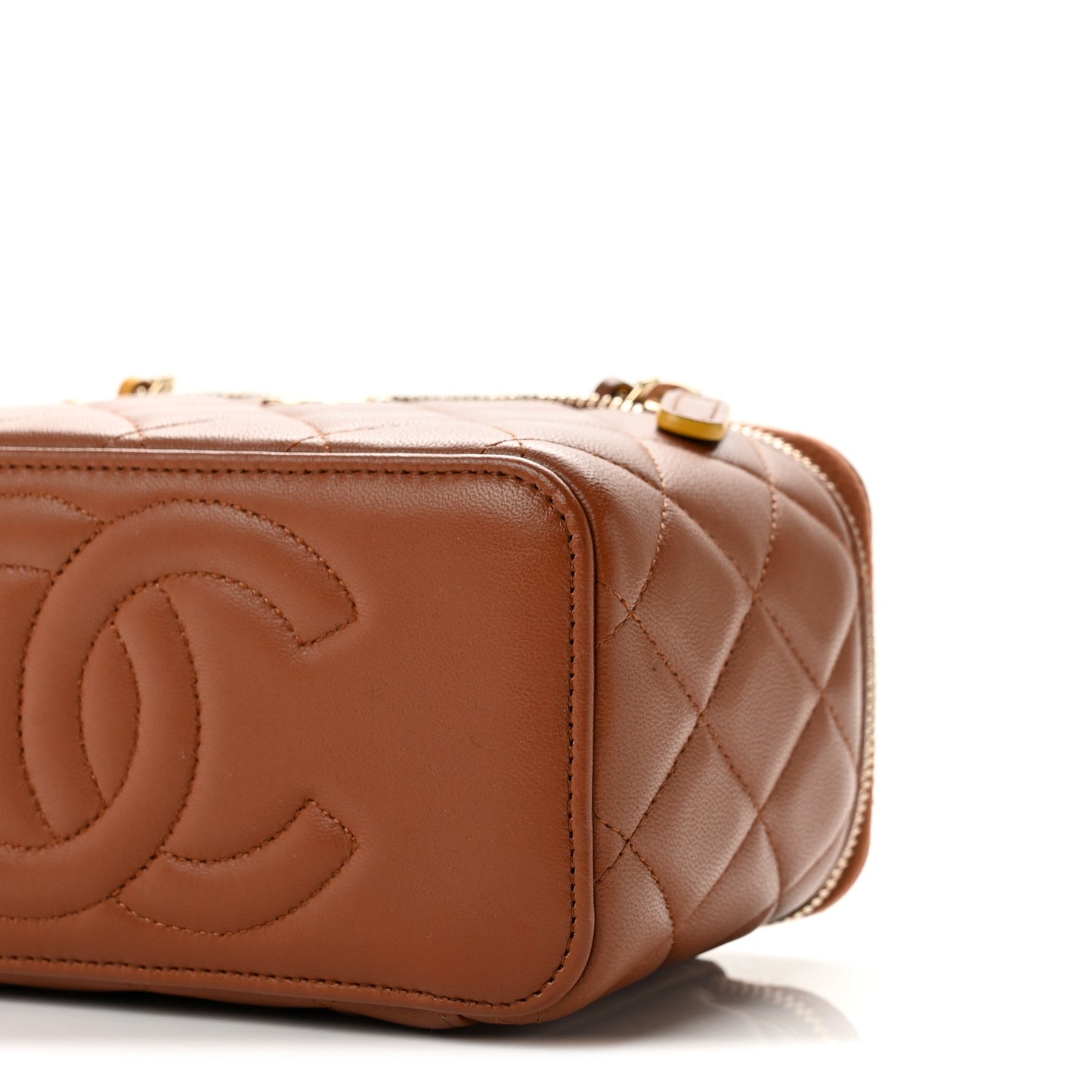 Lambskin Quilted Small Top Handle Vanity Case With Chain Light Brown Yellow