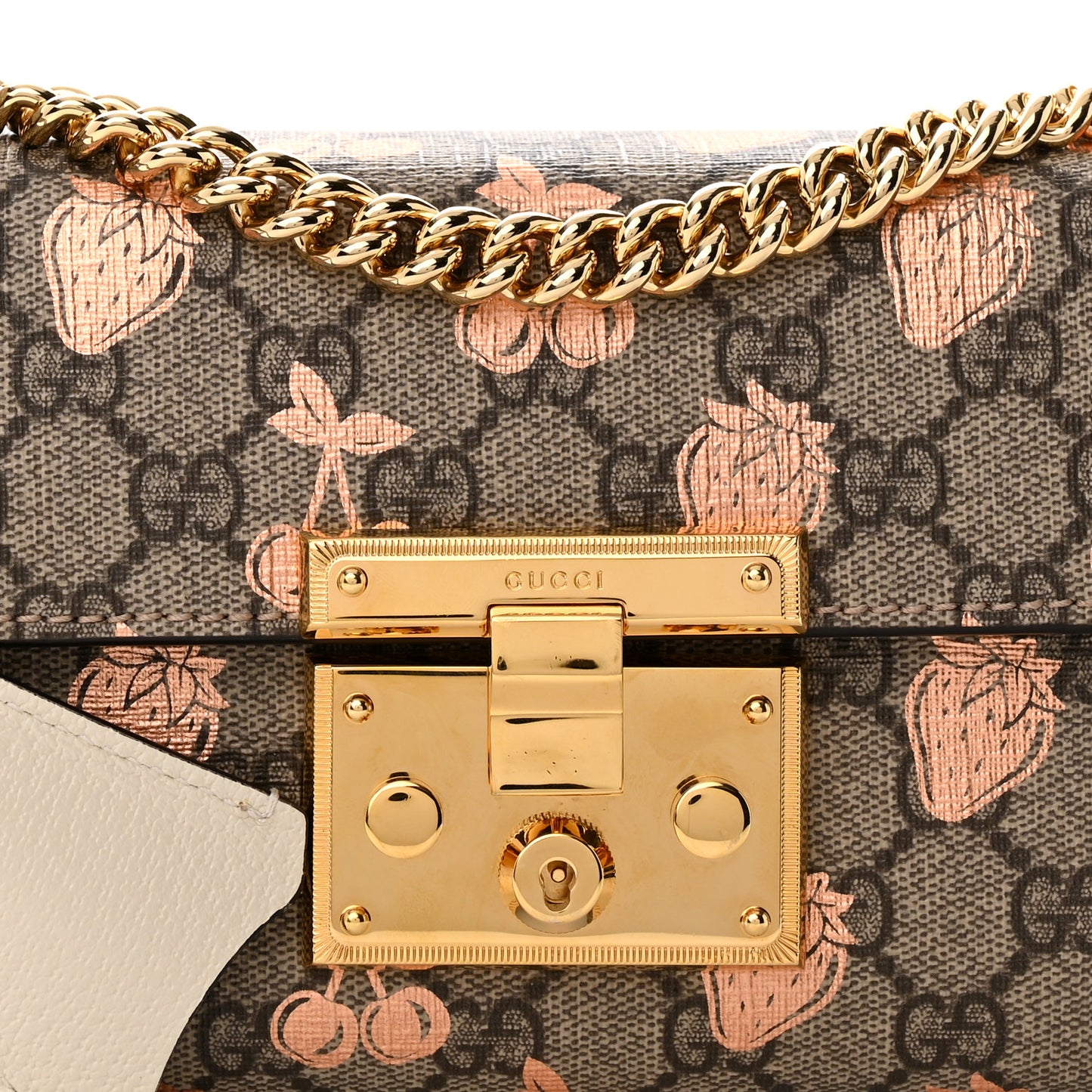GG Supreme Monogram Berry Textured Dollar Calfskin Small Padlock Shoulder Bag Beige Ebony Light Copper Mystic White
