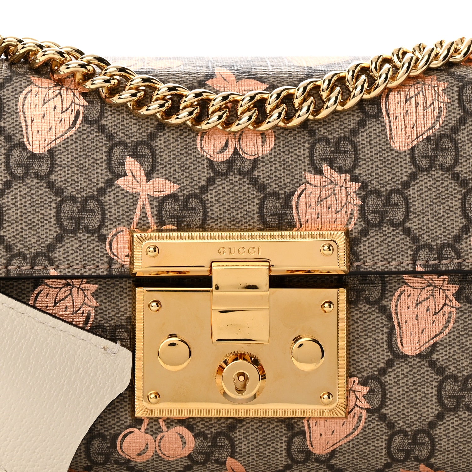Gucci GG Supreme Monogram Berry Textured Dollar Calfskin Small Padlock Shoulder Bag Beige Ebony Light Copper Mystic White 7 of 9