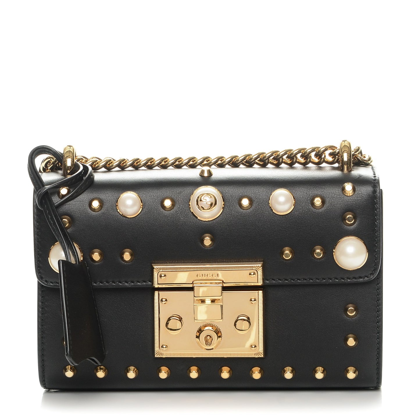 Calfskin Studded Small Padlock Shoulder Bag Black