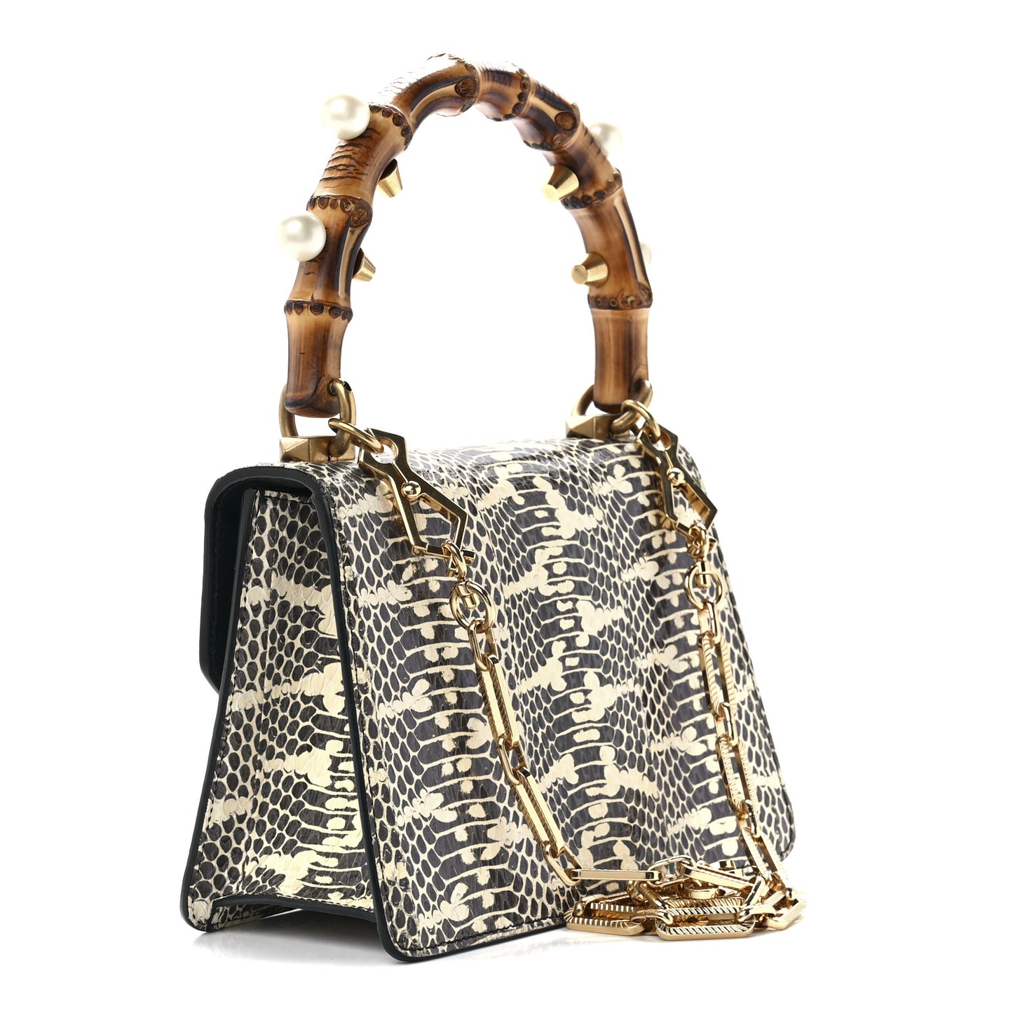 Snakeskin Pearl Mini Fox Broche Bamboo Top Handle Bag Roccia Hibiscus Red Mystic White