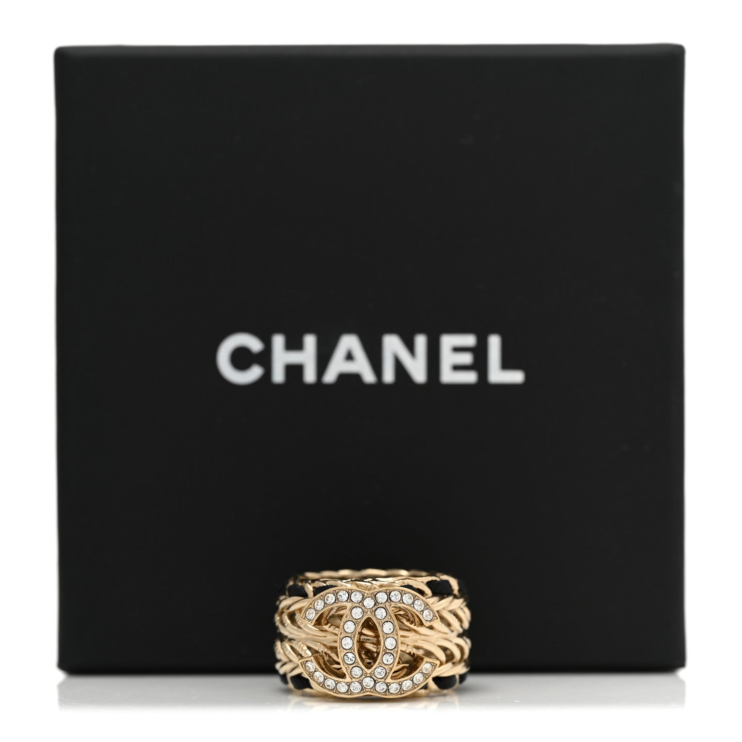 Chanel Metal Crystal Lambskin CC Ring 49 5 Gold Black 5 of 5