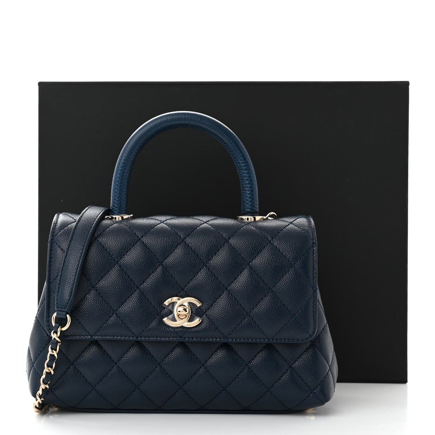Caviar Quilted Lizard Embossed Mini Coco Handle Flap Navy Blue