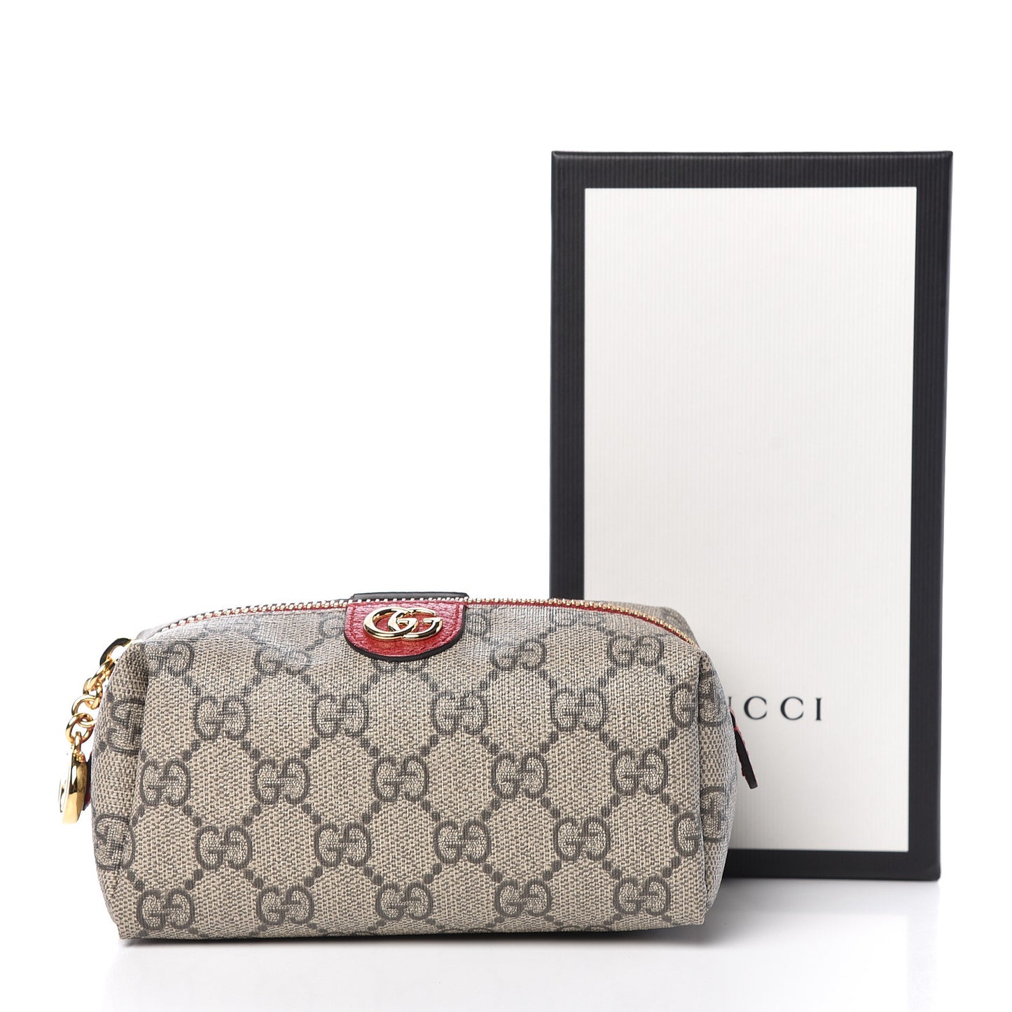 Soft GG Supreme Monogram Calfskin Small Ophidia Cosmetic Case Beige Ebony Hibiscus Red