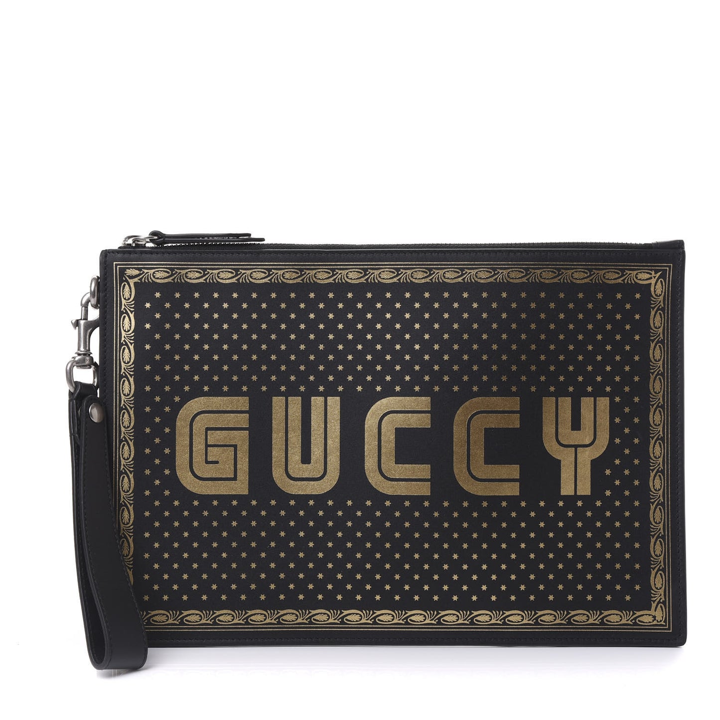 X SEGA Calfskin GUCCY Stars Zip Wristlet Pouch Black Gold