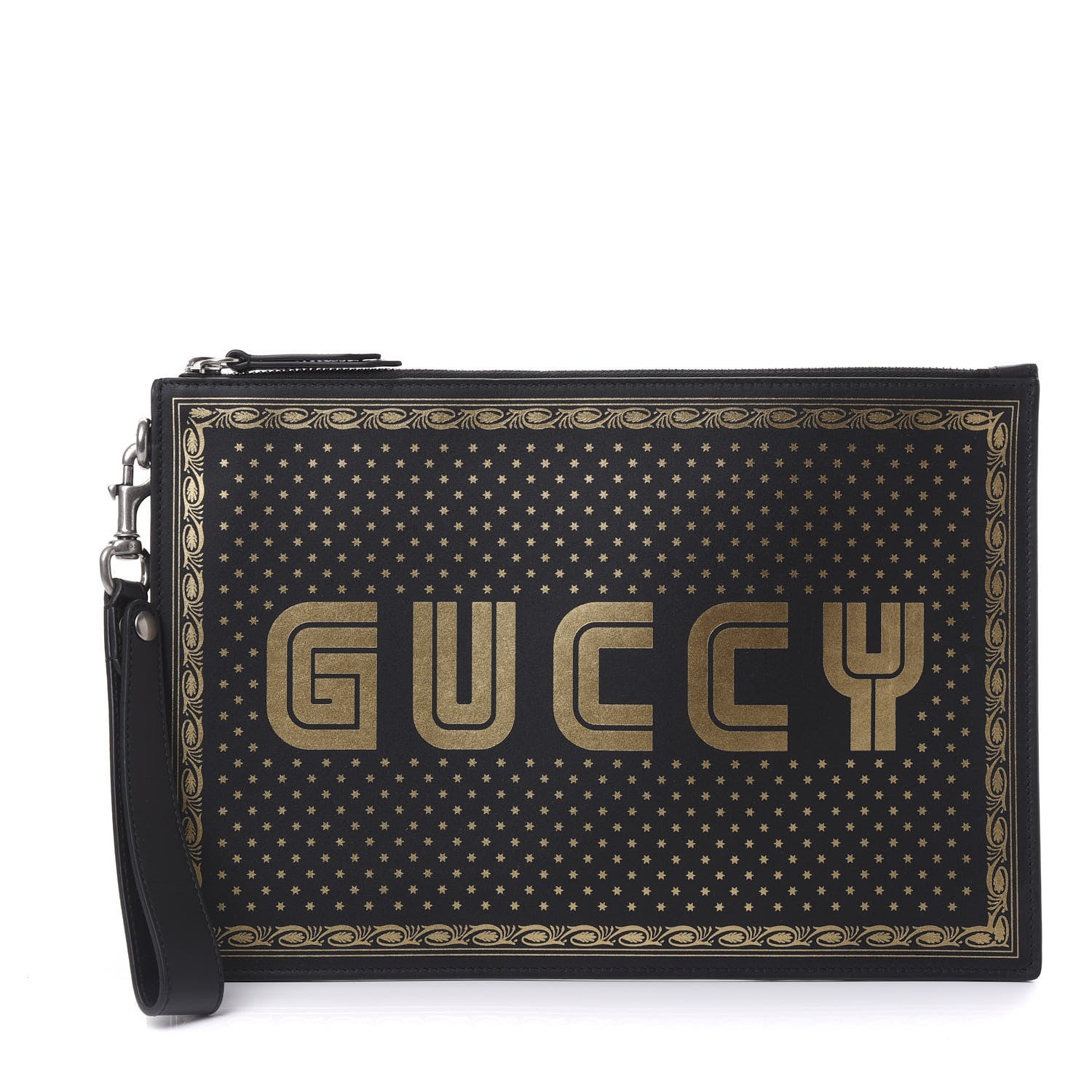 Gucci X SEGA Calfskin GUCCY Stars Zip Wristlet Pouch Black Gold 1 of 10