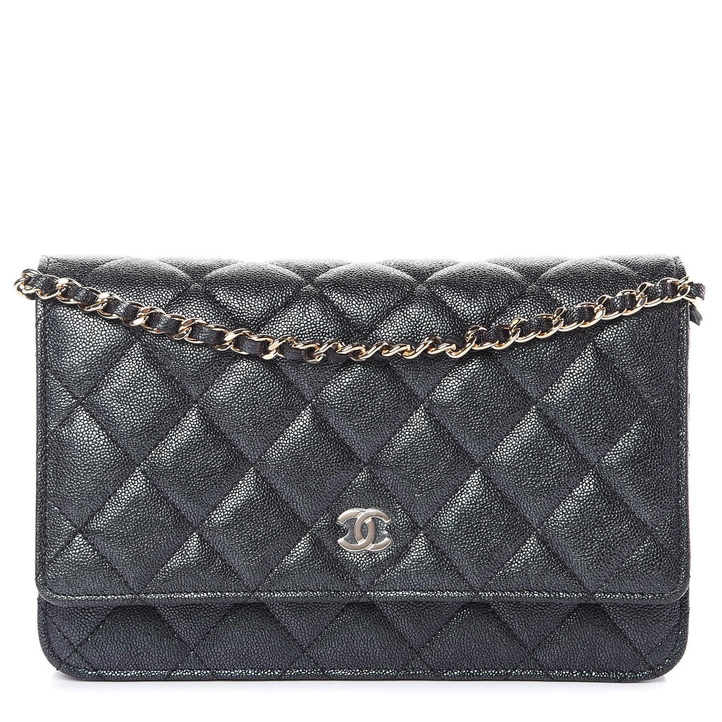 Iridescent Caviar Quilted Wallet On Chain WOC Black