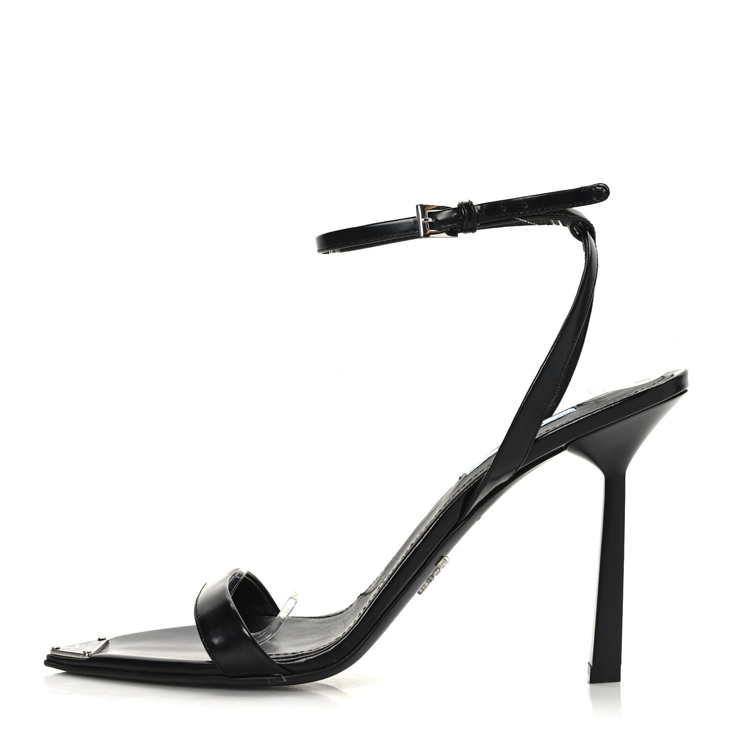 Prada Calfskin Metal Triangle Logo High Heels Sandals 38.5 Black 1 of 7