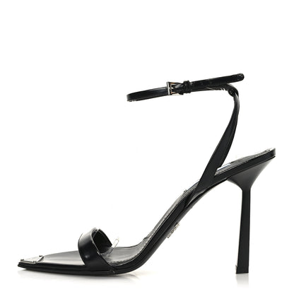 Prada Calfskin Metal Triangle Logo High Heels Sandals 38.5 Black 1 of 7
