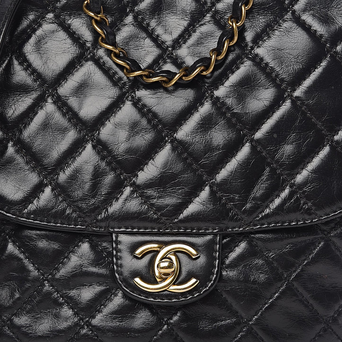 Glazed Calfskin Quilted Medium Bubble CC Flap Black