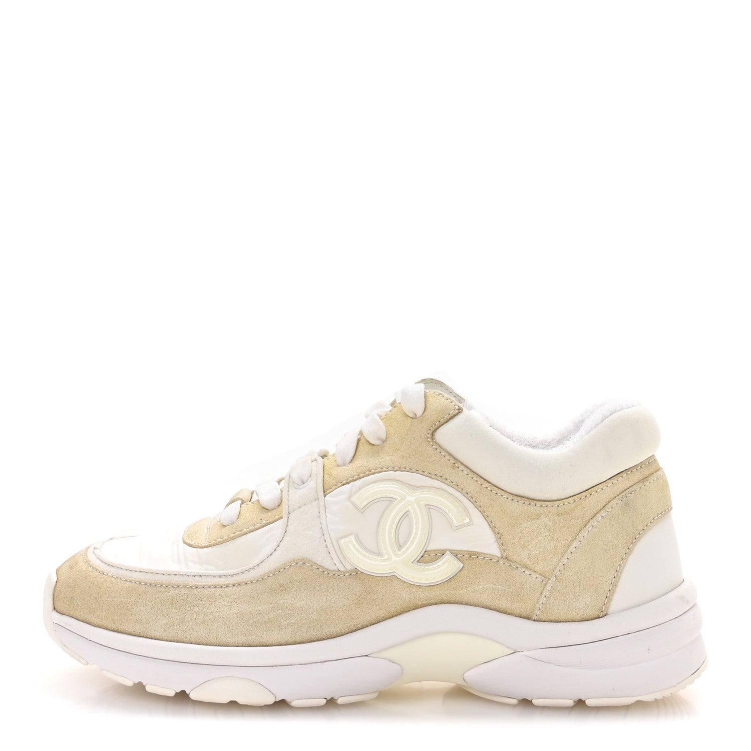 Chanel Suede Calfskin Fabric CC Sneakers 37.5 White 1 of 8