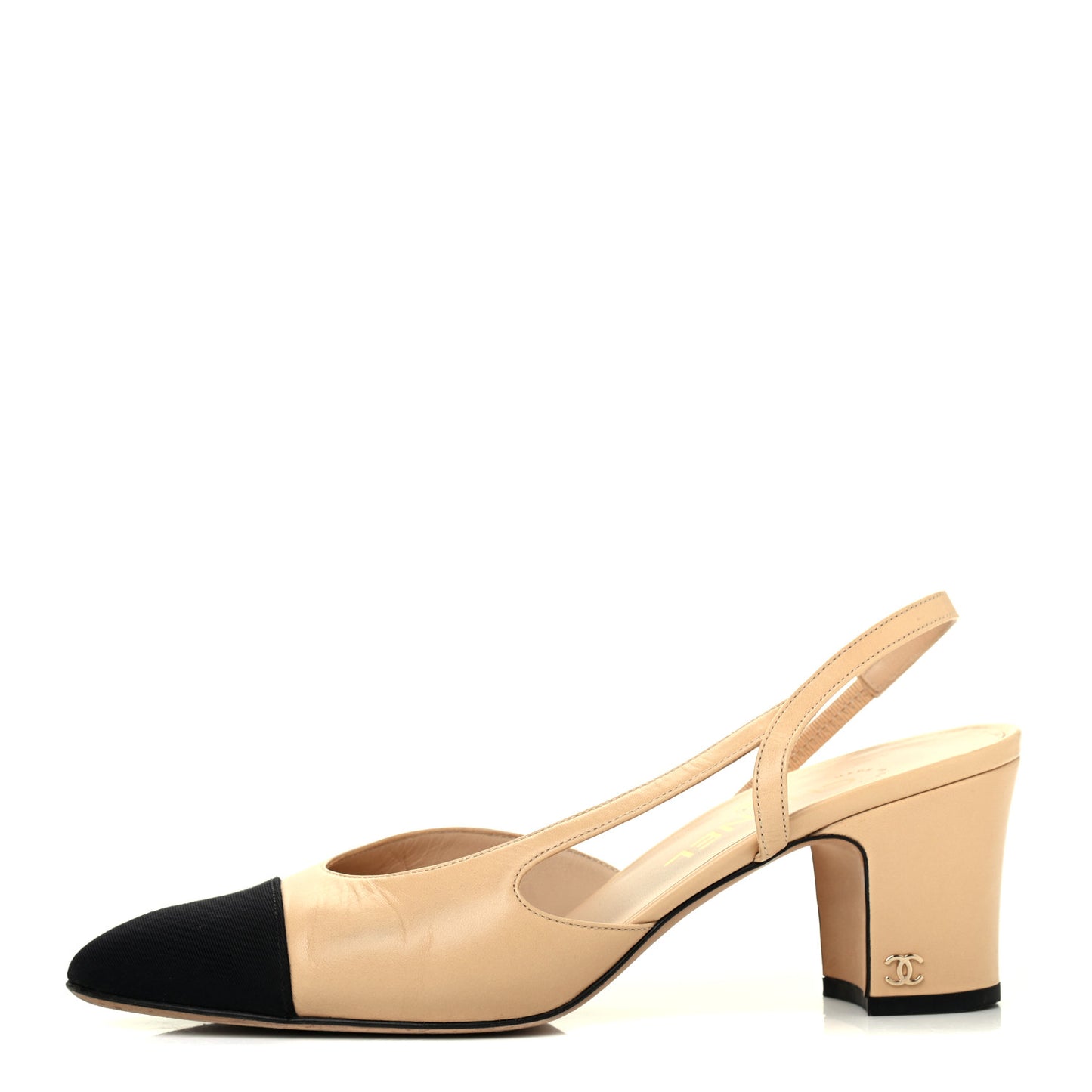 Goatskin Grosgrain Cap Toe CC Slingback Pumps 39 Beige Black