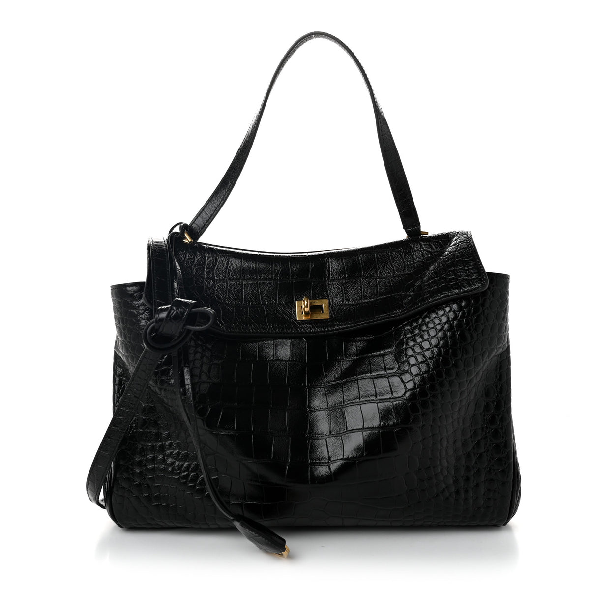 Shiny Calfskin Crocodile Embossed Medium Rodeo Top Handle Handbag Black