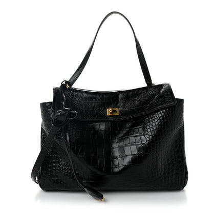 Balenciaga Shiny Calfskin Crocodile Embossed Medium Rodeo Top Handle Handbag Black 1 of 9