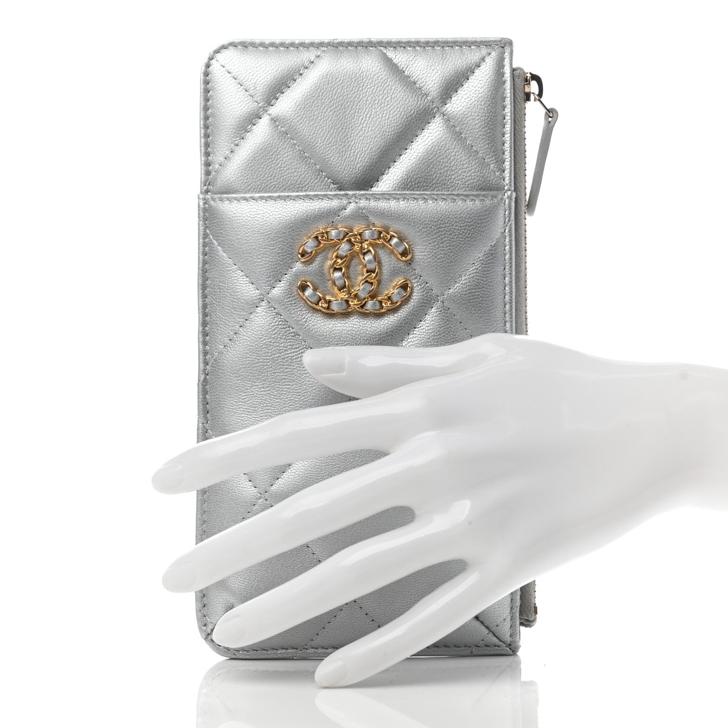 Chanel Lambskin Quilted Chanel 19 Phone and Card Holder Silver 2 of 7