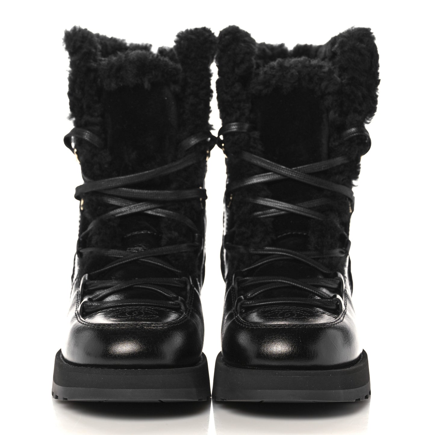 Shiny Crumpled Calfskin Shearling Lace Up Boots 39.5 Black