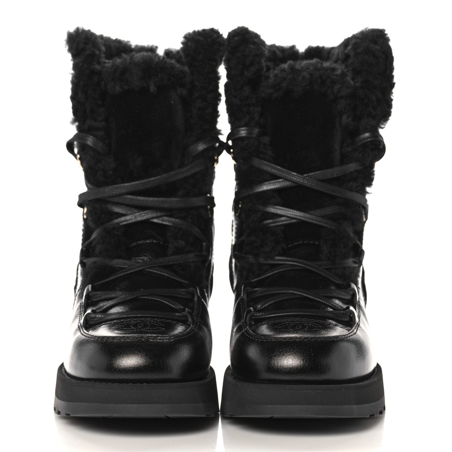Chanel Shiny Crumpled Calfskin Shearling Lace Up Boots 39.5 Black 2 of 8