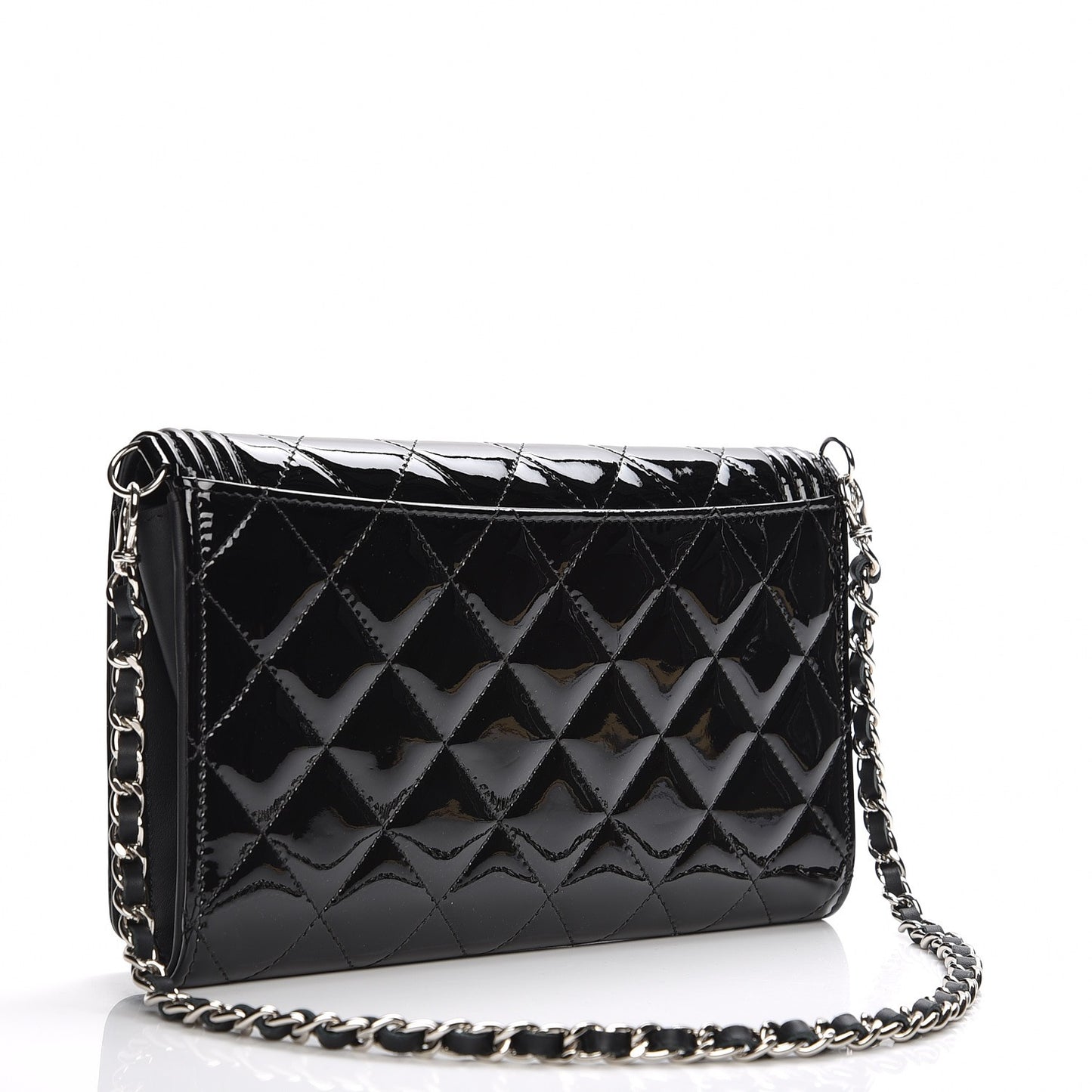 Patent Calfskin Quilted Boy Wallet on Removable Chain Black