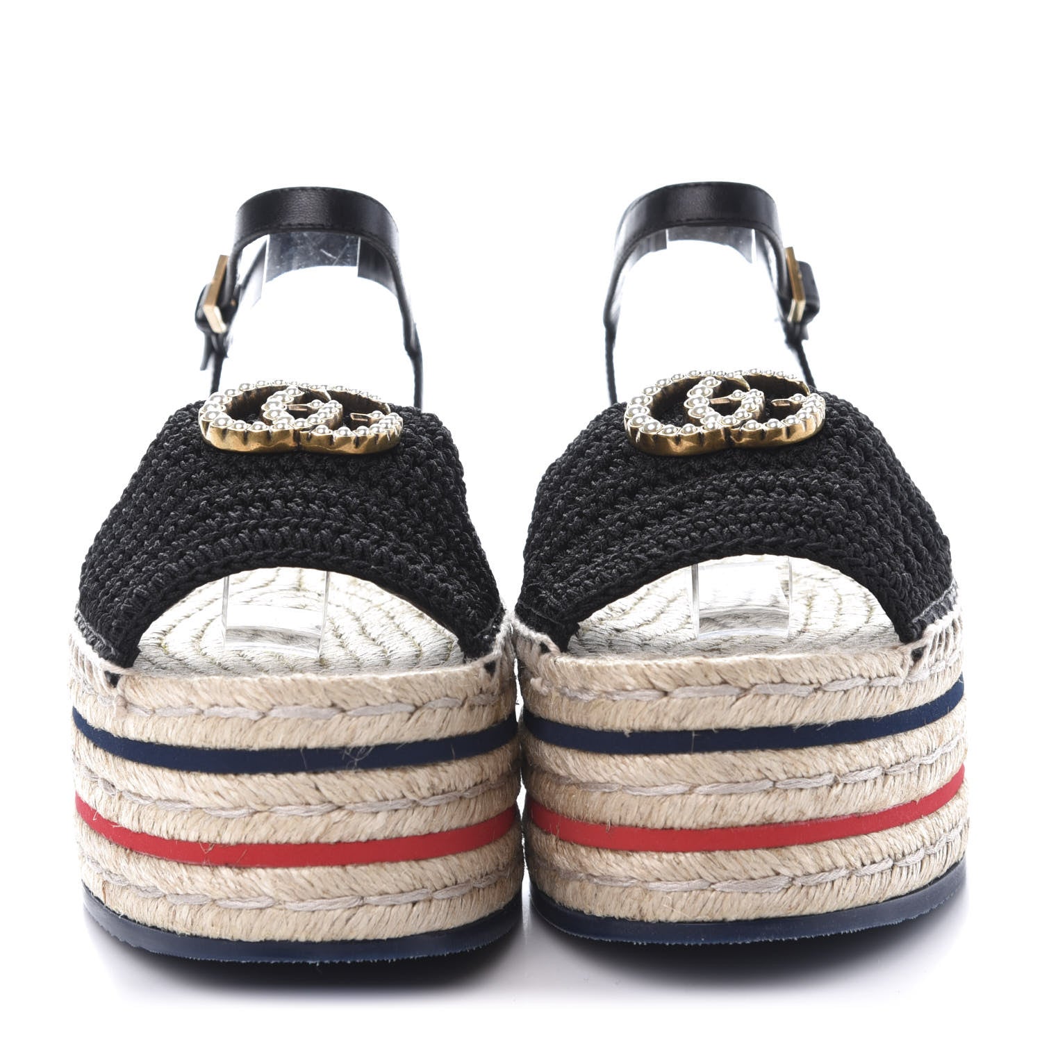 Gucci Cotton Malaga Kid Crochet Pearly GG Lilibeth Espadrille Platform Sandals 38 Black 2 of 10