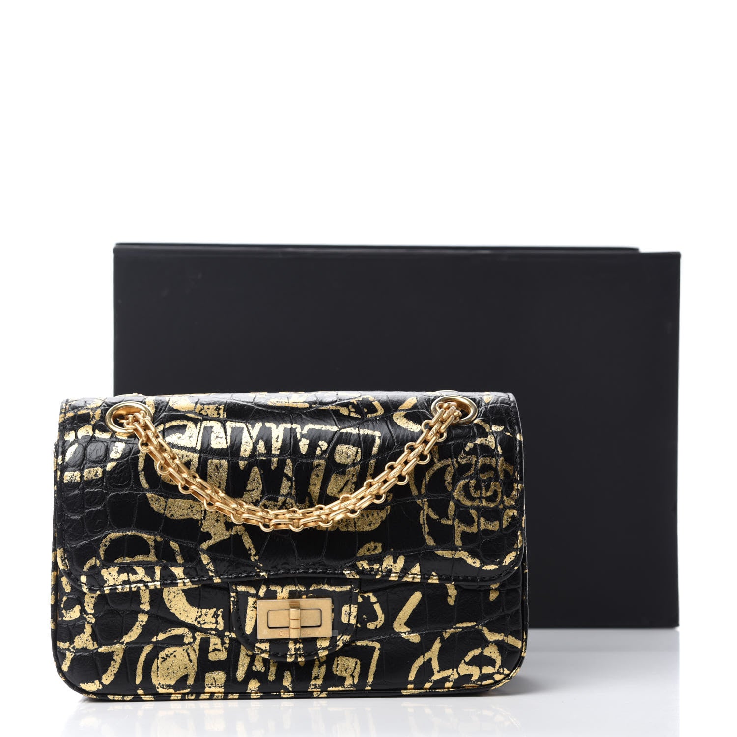Chanel Calfskin Crocodile Embossed Graffiti 2.55 Mini Cocodile Reissue Flap Black Gold 11 of 11