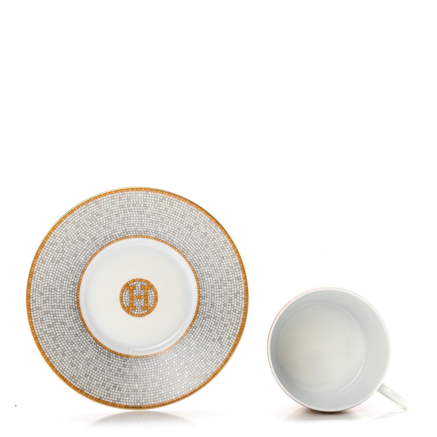 Hermes Porcelain Mosaique Au 24 Gold Tea Cup And Saucer Set Of 2 3 of 9
