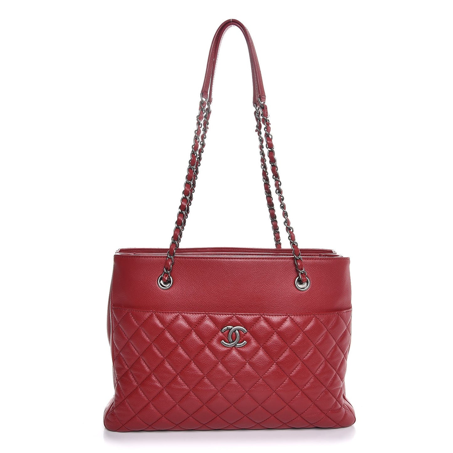 Grained Calfskin Quilted Large Zipped Shopping Tote Red