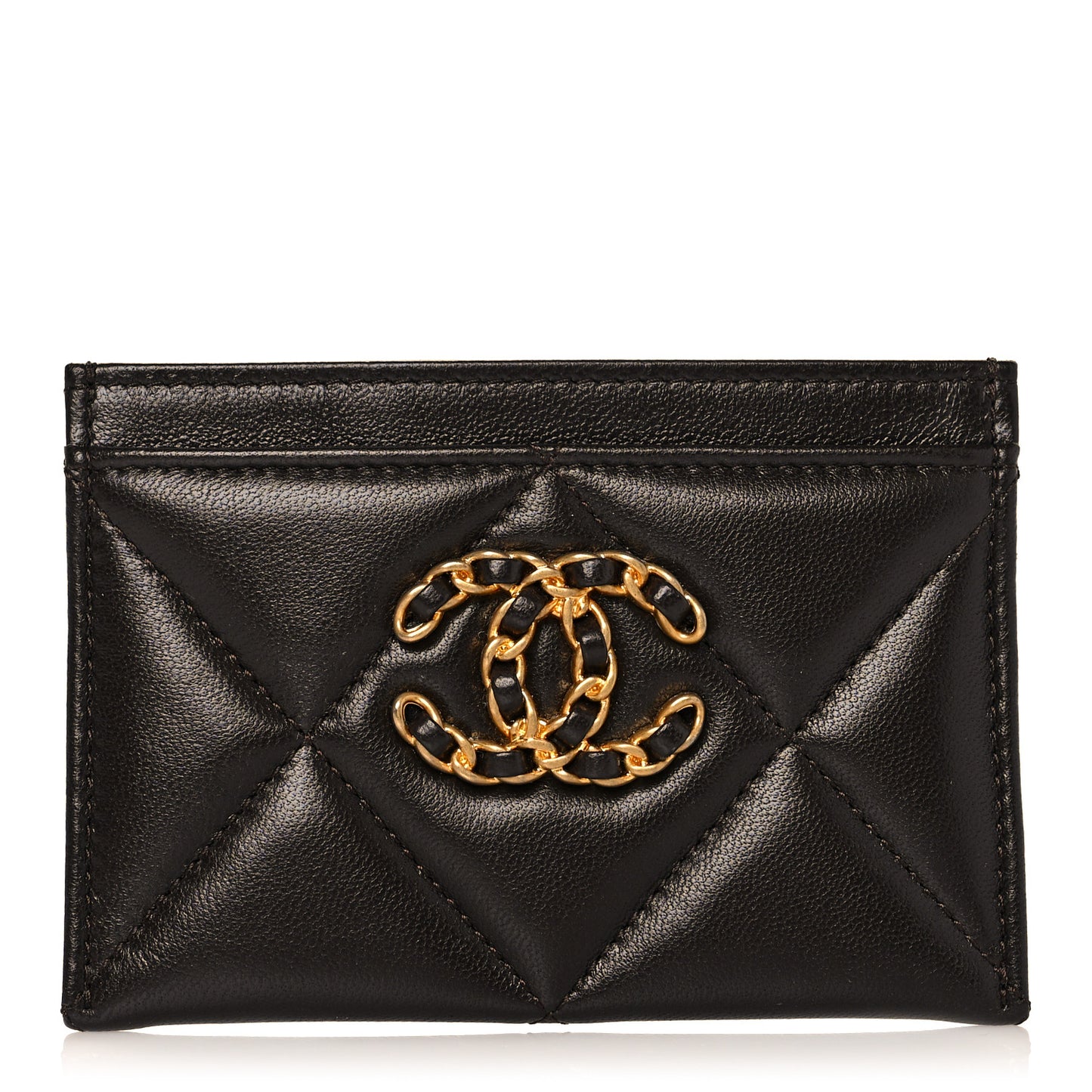 Lambskin Quilted Chanel 19 Card Holder Dark Brown
