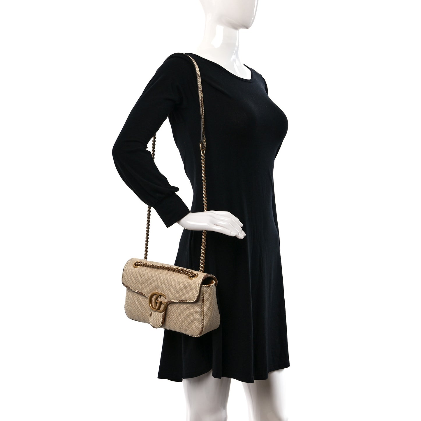 Raffia Elaphe Matelasse Small GG Marmont Shoulder Bag Natural Cream Brown