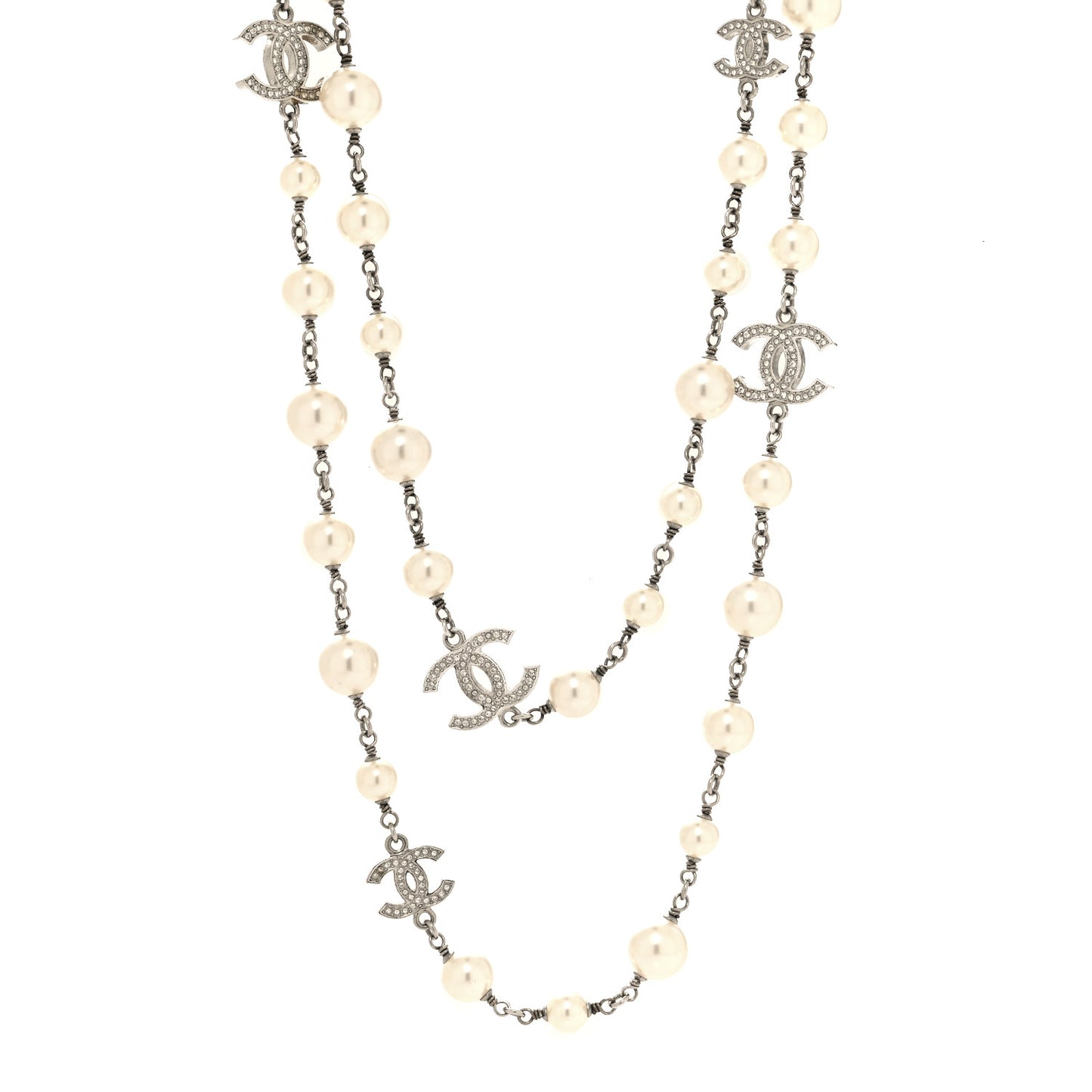 Graduated Pearl Crystal CC Long Necklace Silver