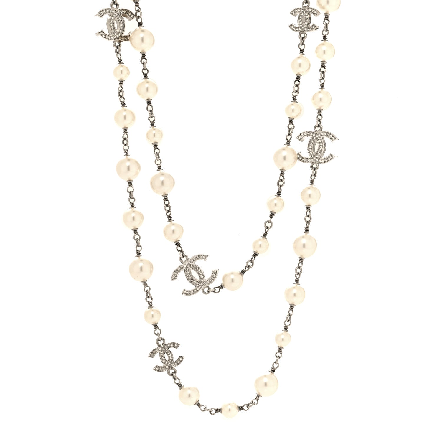 Chanel Graduated Pearl Crystal CC Long Necklace Silver 1 of 6
