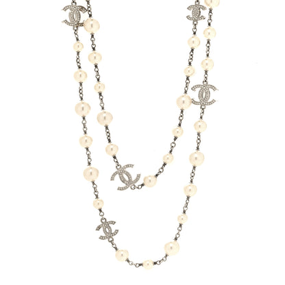 Chanel Graduated Pearl Crystal CC Long Necklace Silver 1 of 6
