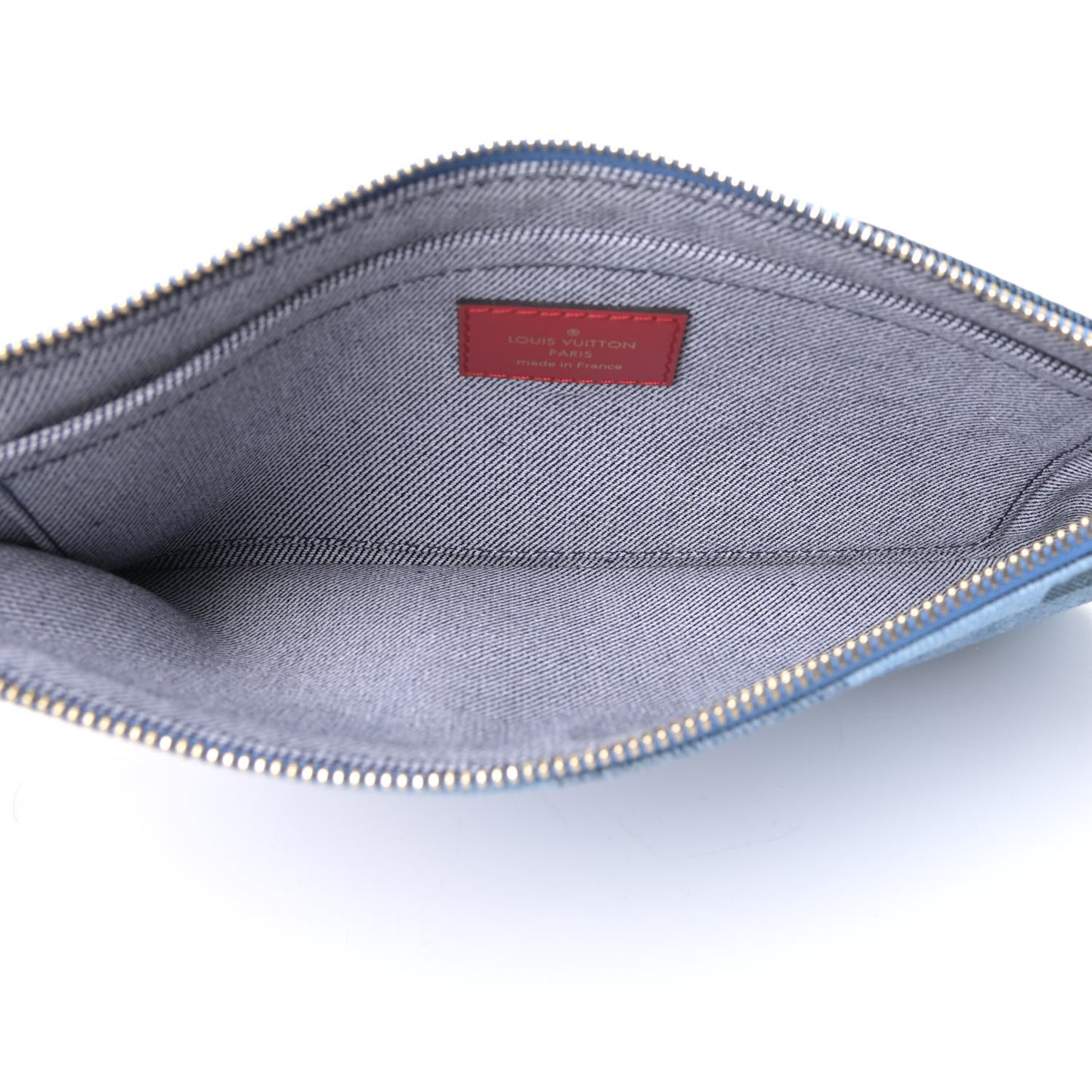 Denim Damier Monogram Patchwork Neverfull MM Pochette Blue Rouge