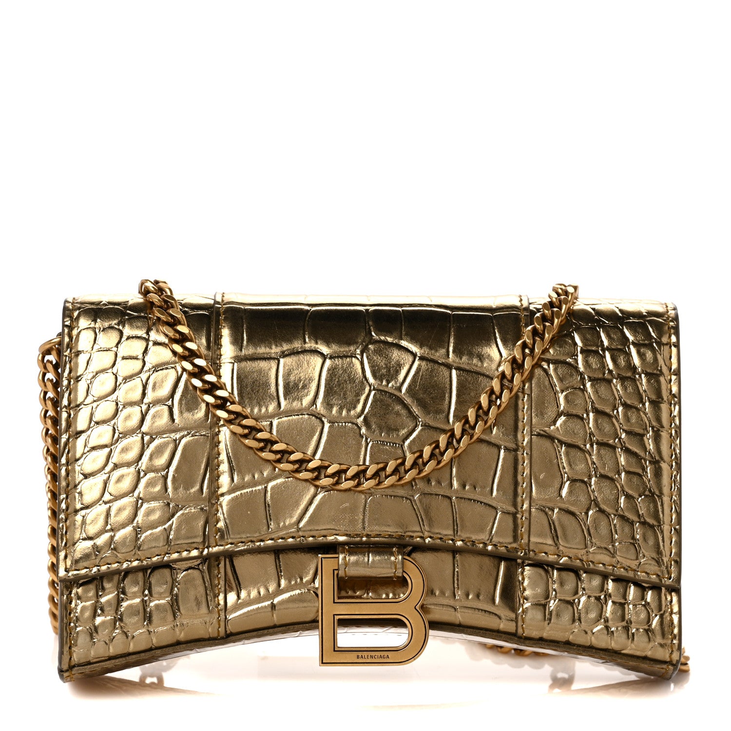Balenciaga Metallic Calfskin Crocodile Embossed Hourglass Chain Bag Gold 1 of 8
