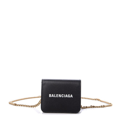 Balenciaga Grained Calfskin Logo Mini Cash Wallet On Chain Black White 1 of 8