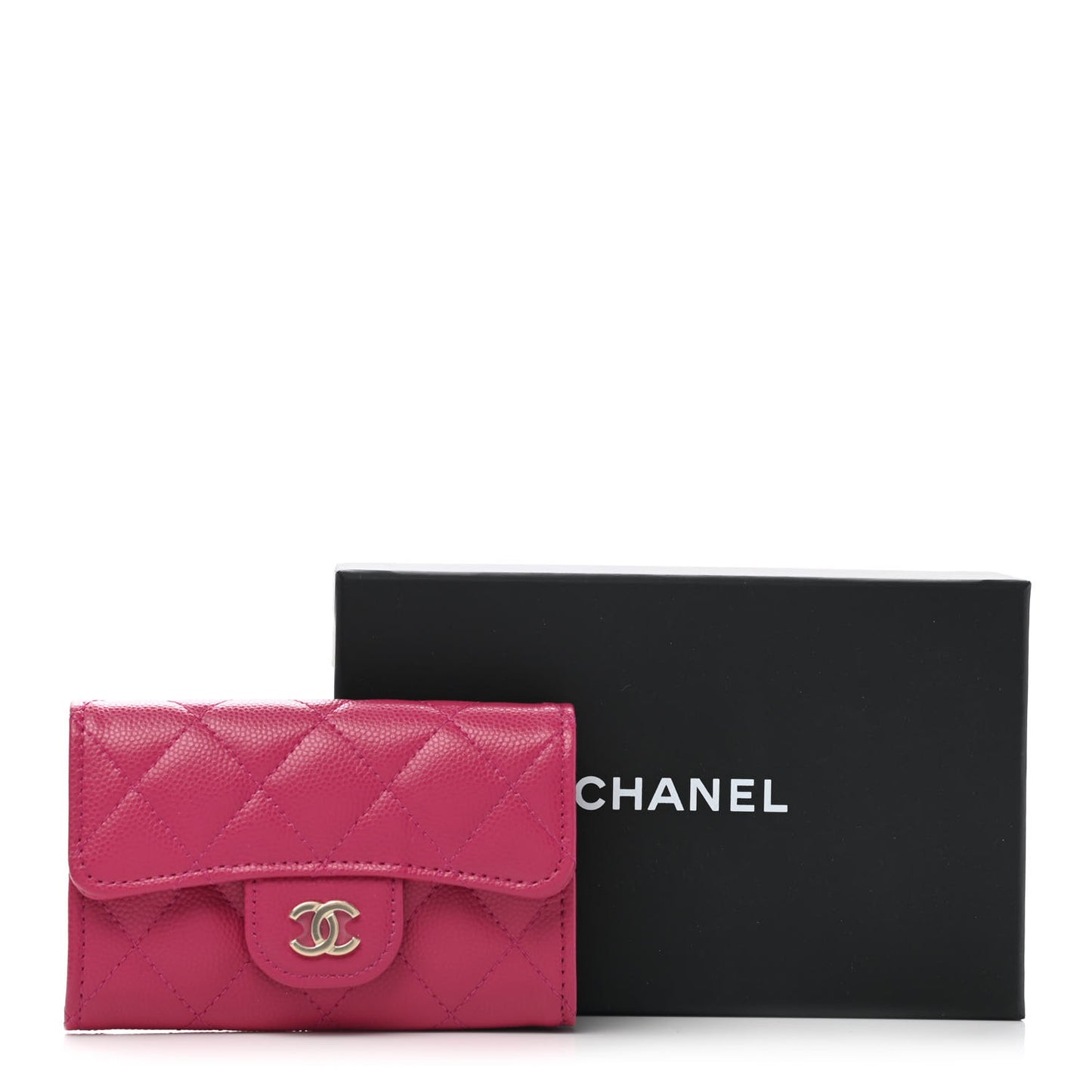 Caviar Quilted Flap Card Holder Wallet Dark Pink