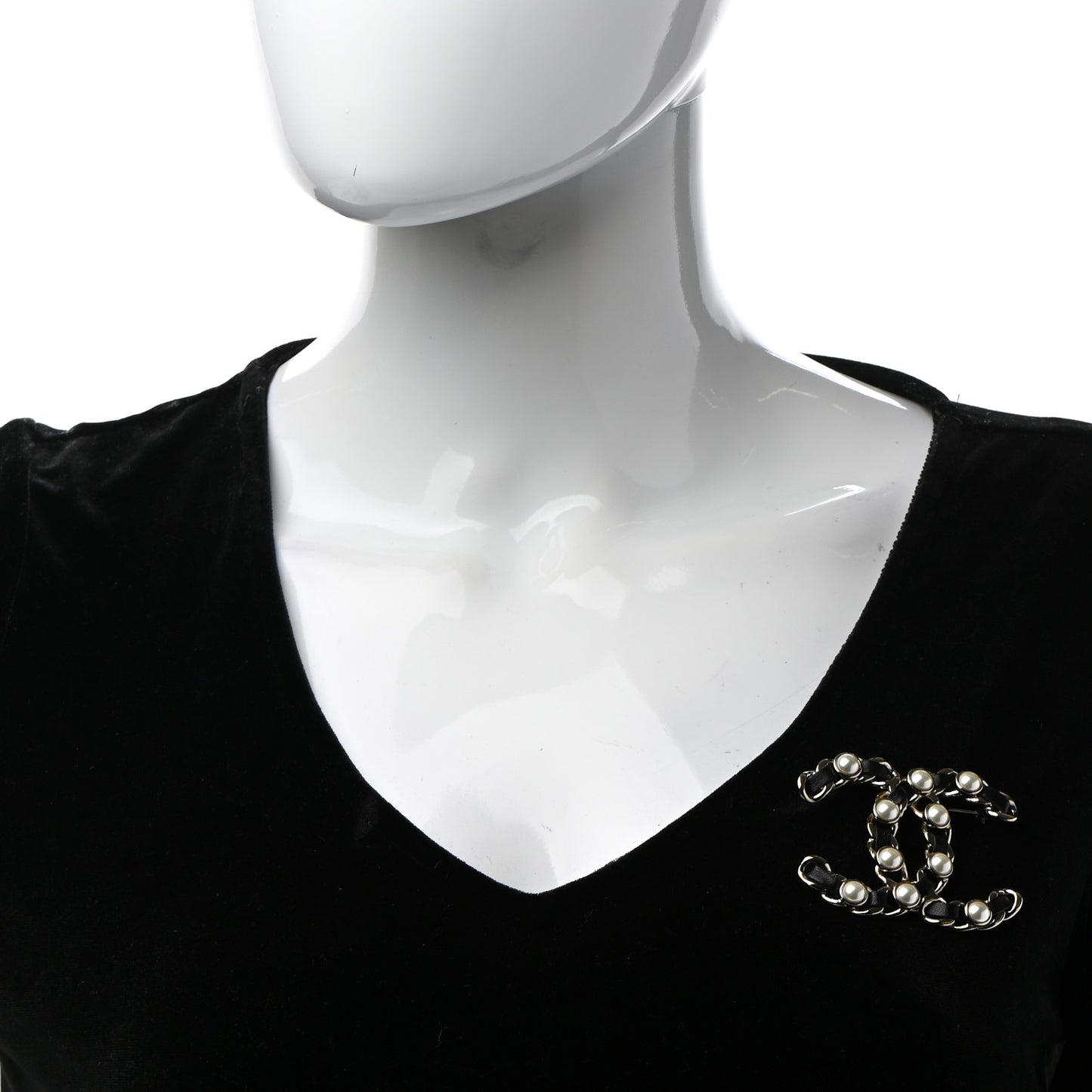 Lambskin Pearl CC Chain Brooch Black Gold