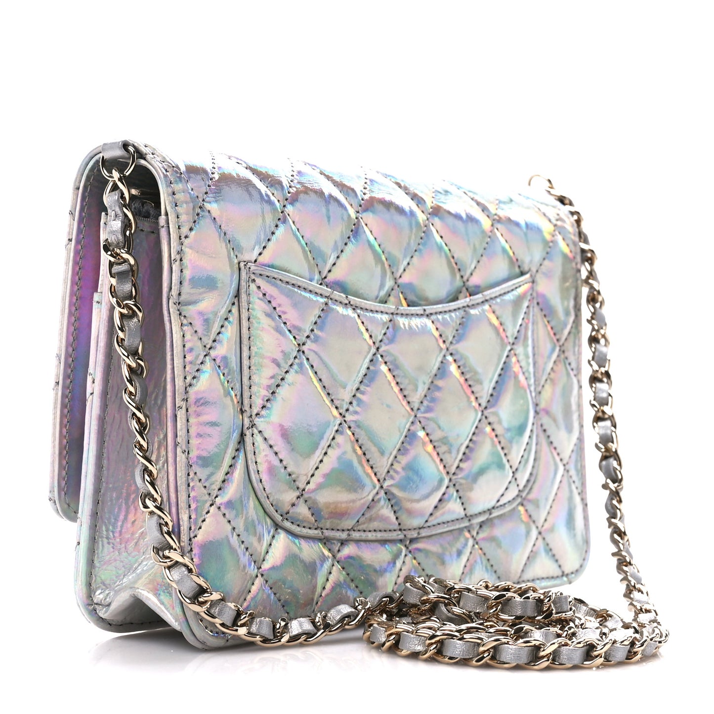 Iridescent Goatskin Quilted Wallet On Chain WOC Silver