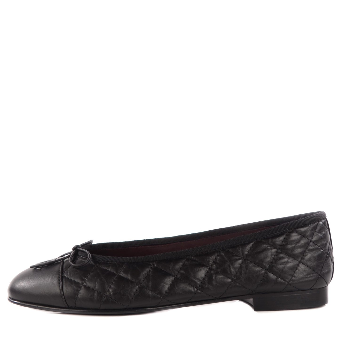 Aged Calfskin Quilted Cap Toe Ballerina Flats 40 Black