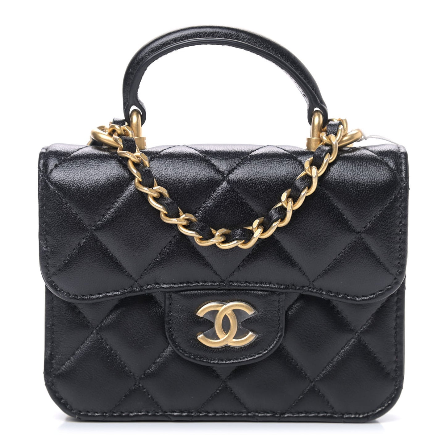 Lambskin Quilted Top Handle Flap Coin Purse With Chain Black